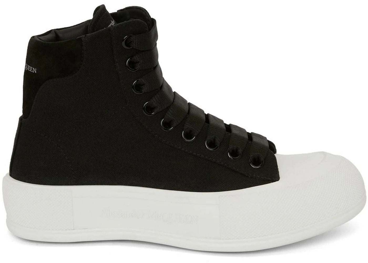 alexander mcqueen deck plimsoll high top sneaker black white (women's)
