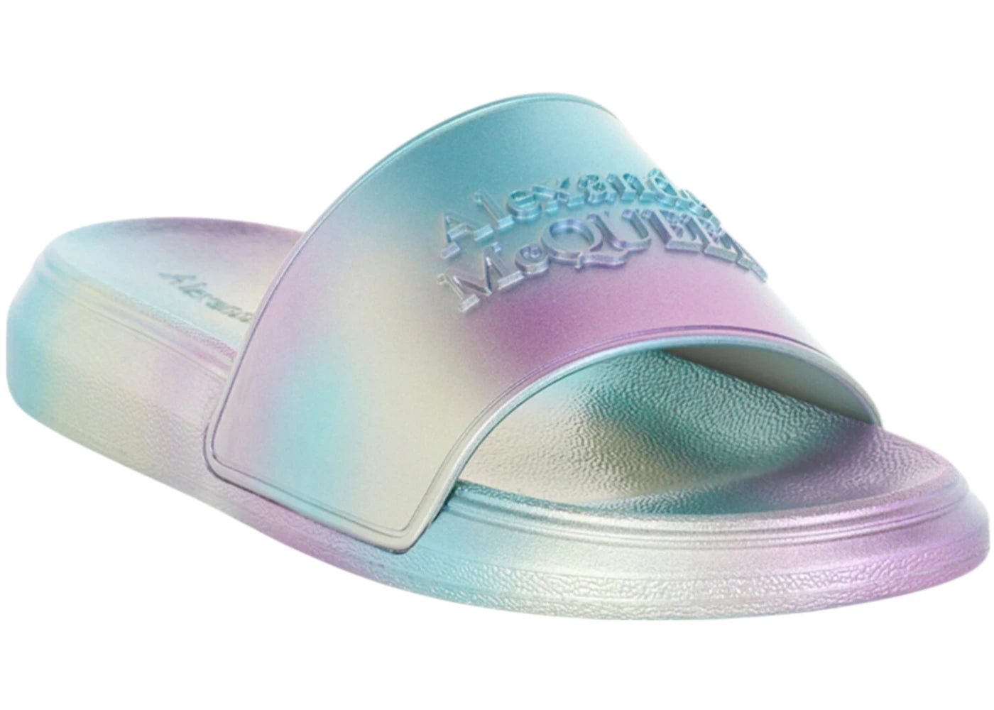 alexander mcqueen iridescent logo slides silver (women's)