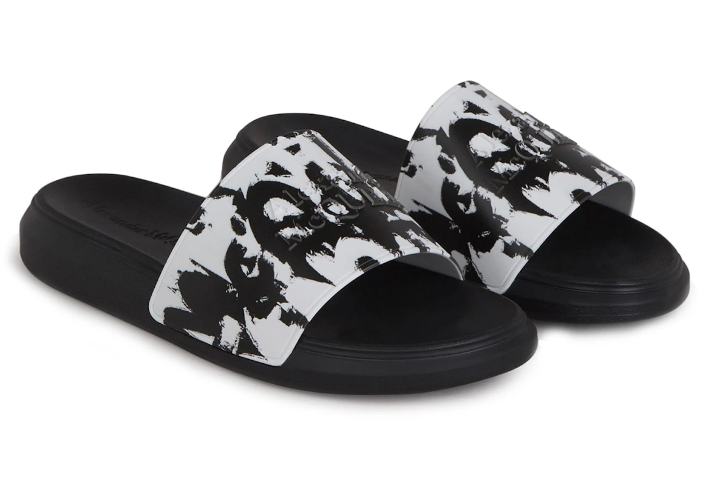 alexander mcqueen pool slide graffiti logo paint splatter white black white