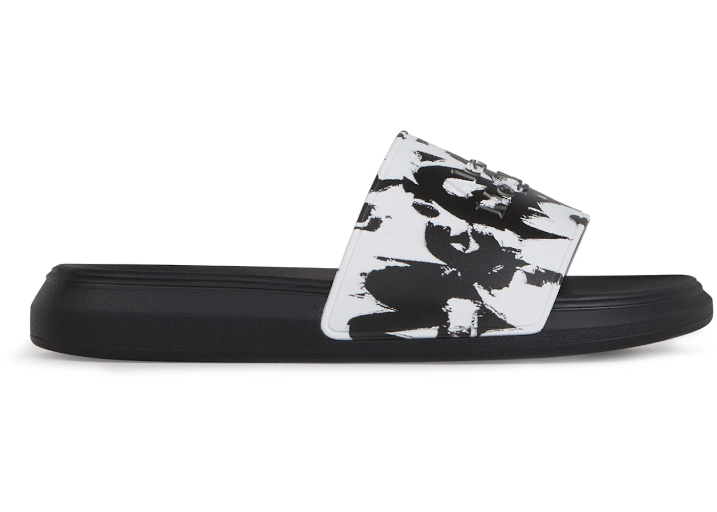 alexander mcqueen pool slide graffiti logo paint splatter white black white