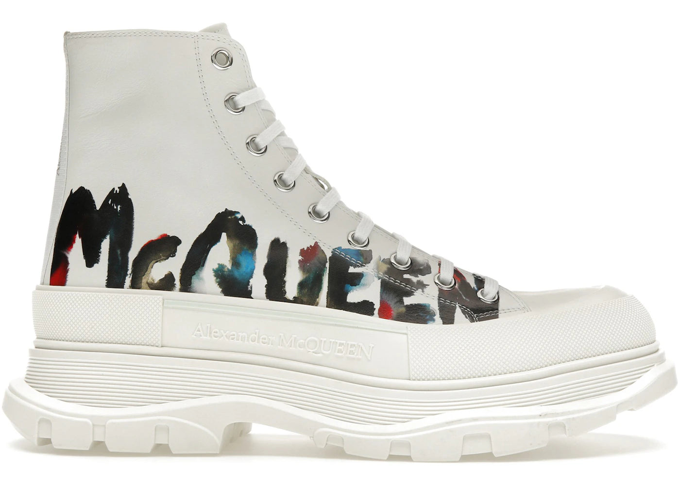 alexander mcqueen tread slick boot graffiti white multicolor