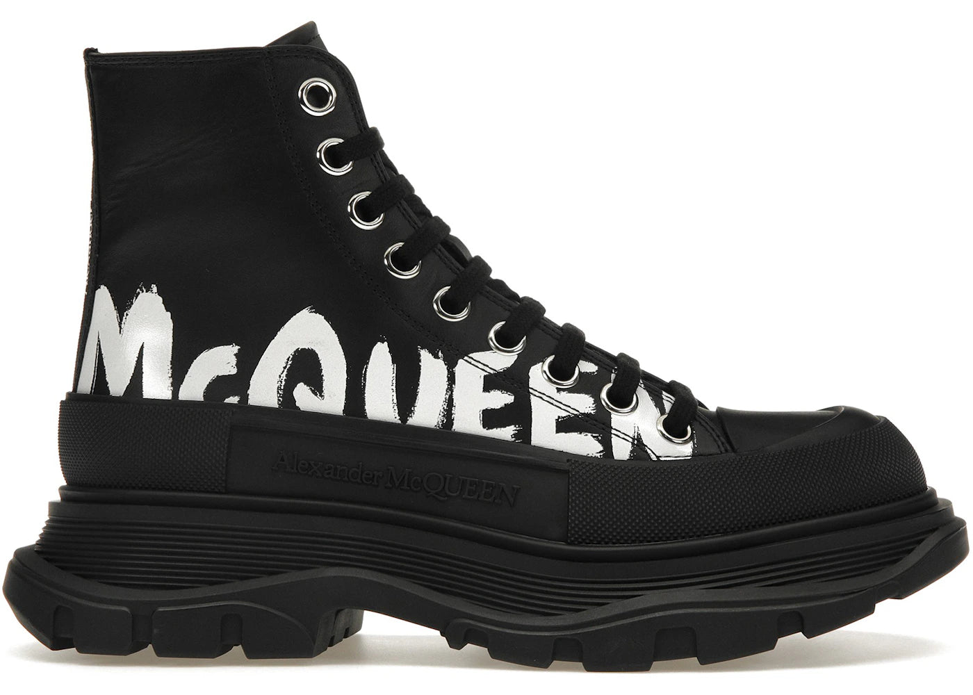 alexander mcqueen tread slick boot polyfaille graffiti black white (women's)