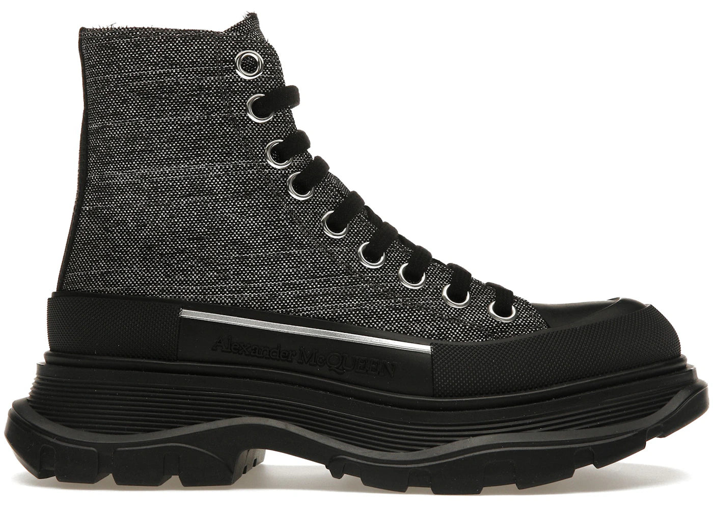 alexander mcqueen tread slick lace up boot black silver (women's)