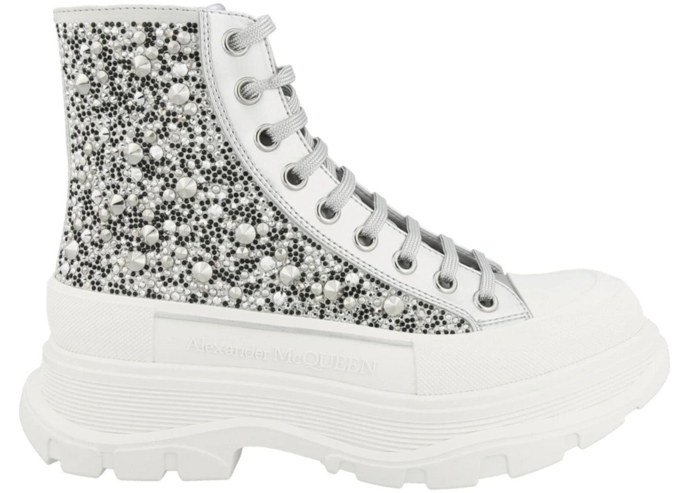 Alexander Mcqueen Tread Slick Lace Up Boot Crystal Silver (Women'S)