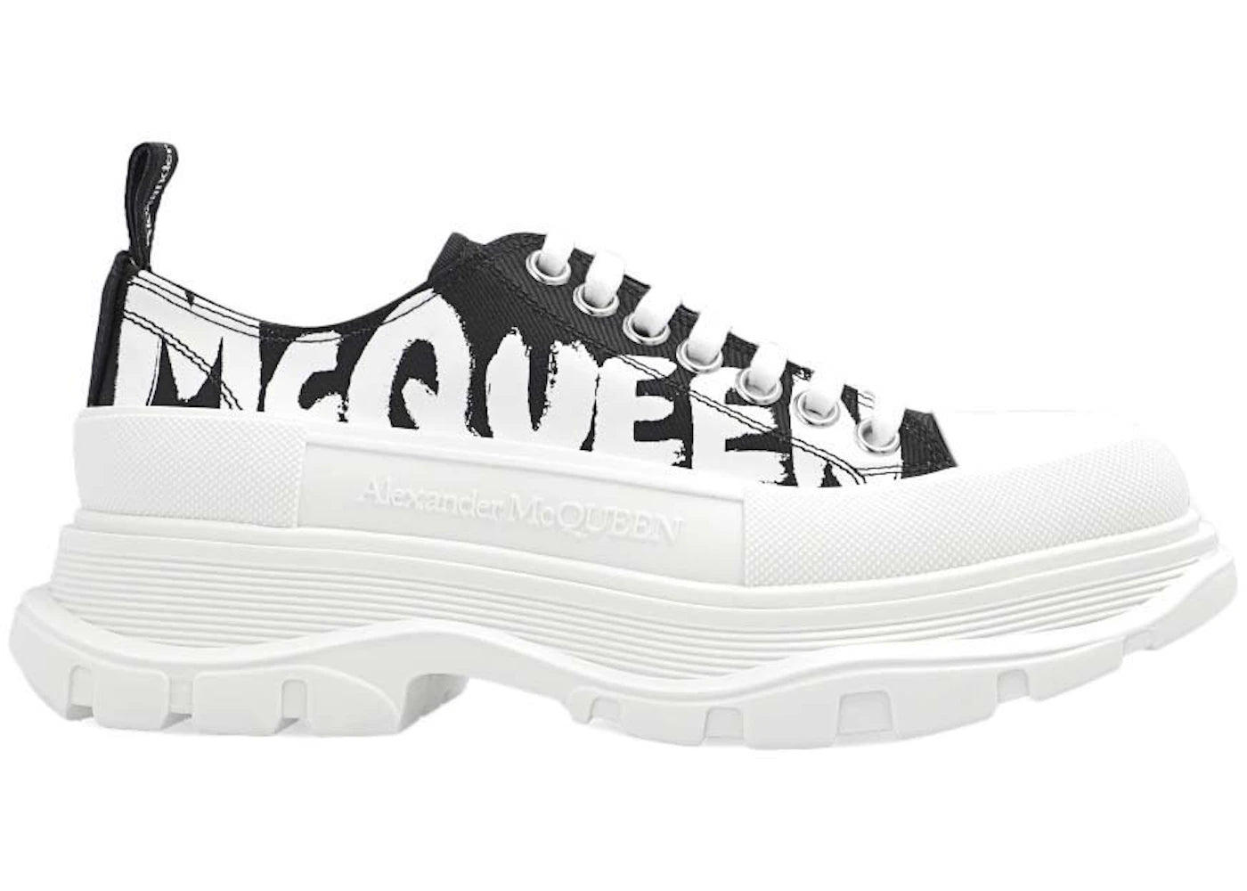 alexander mcqueen tread slick low lace up graffiti shoes black white (women's)