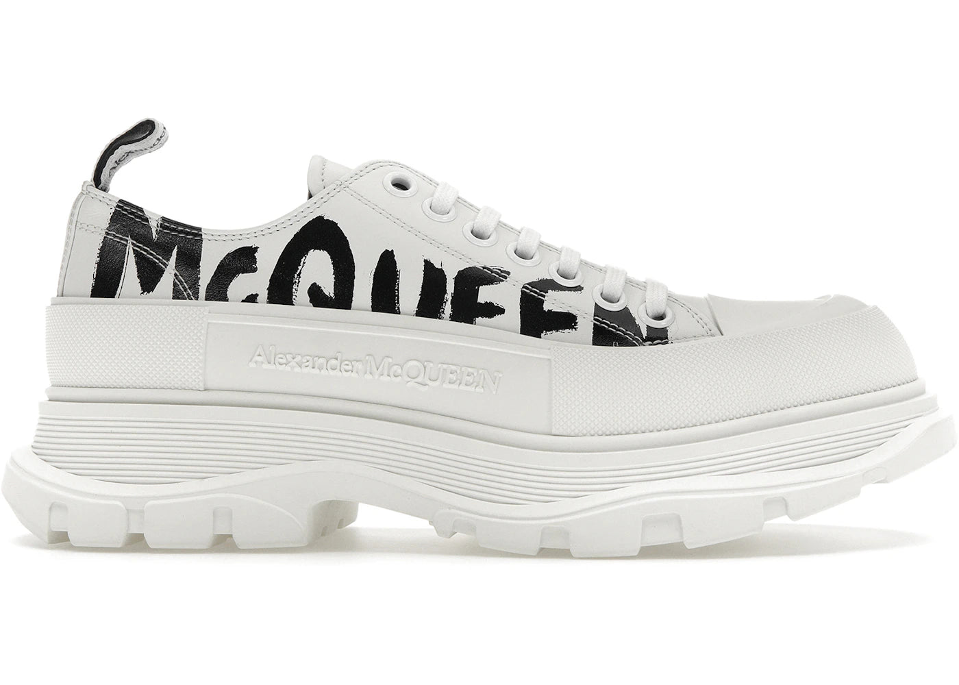 alexander mcqueen tread slick low lace up leather graffiti white black white
