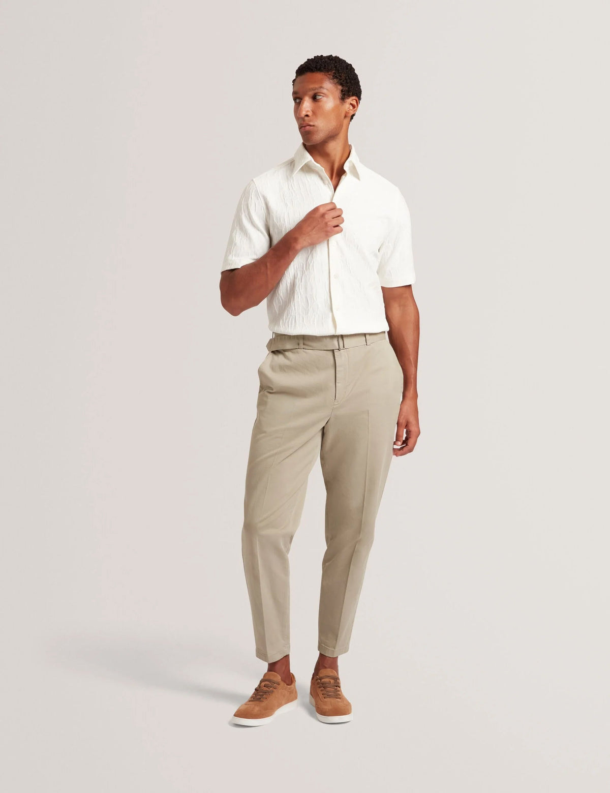 Ted Baker Armodo Stone Tapered Fit Belted Cotton Trousers