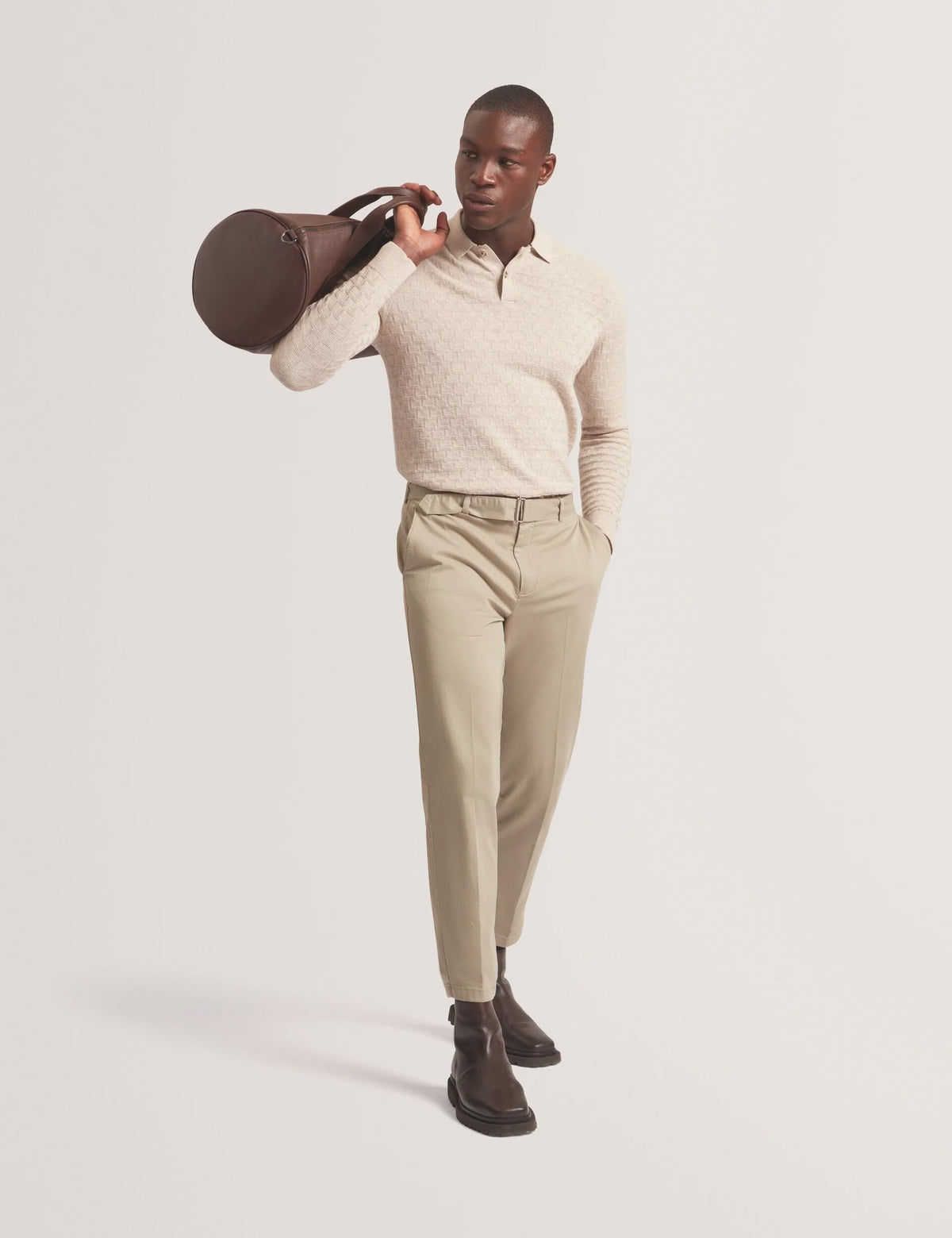 Ted Baker Armodo Stone Tapered Fit Belted Cotton Trousers
