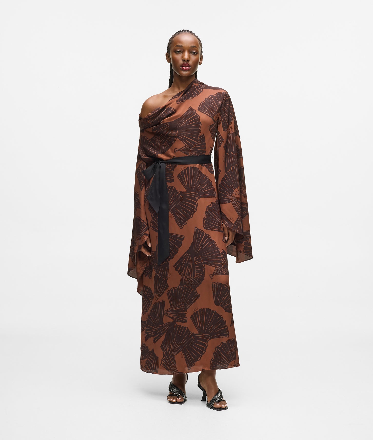 Karl Lagerfeld Fan Print Kaftan Dress Graphic Fan Friar Brown