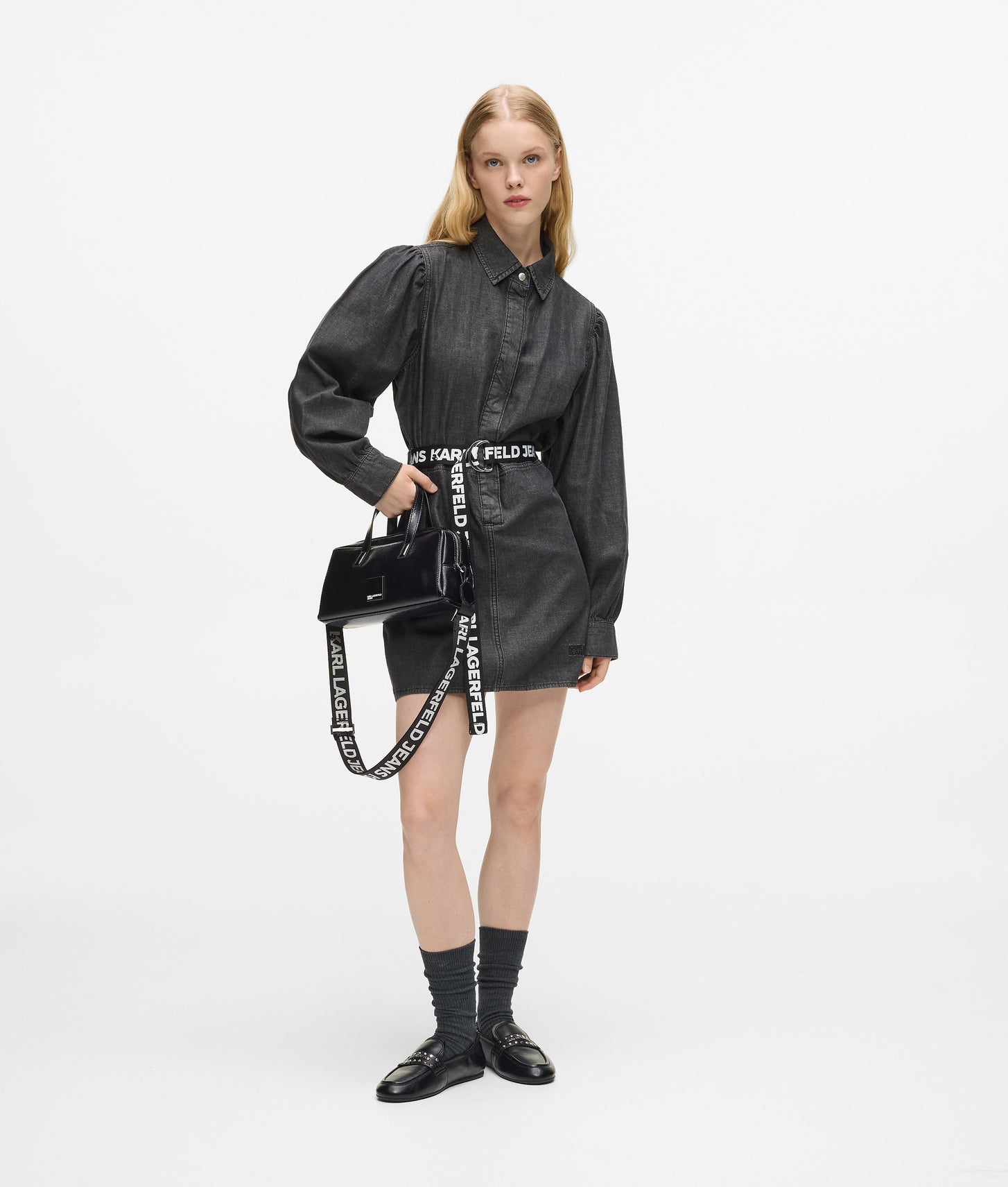 Karl Lagerfeld Belted Denim Dress Washed Black