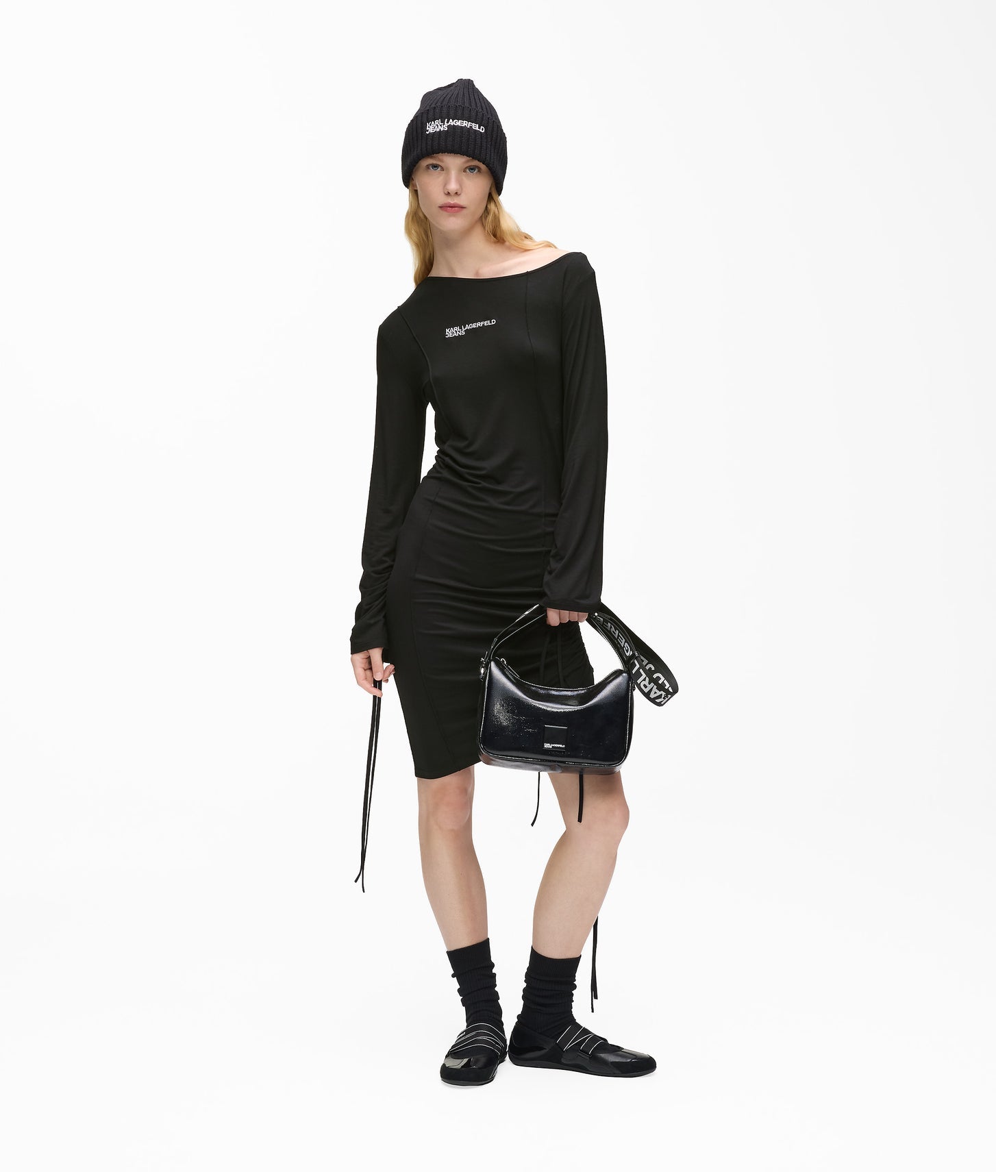 Karl Lagerfeld Off-Shoulder Drawstring Dress Black