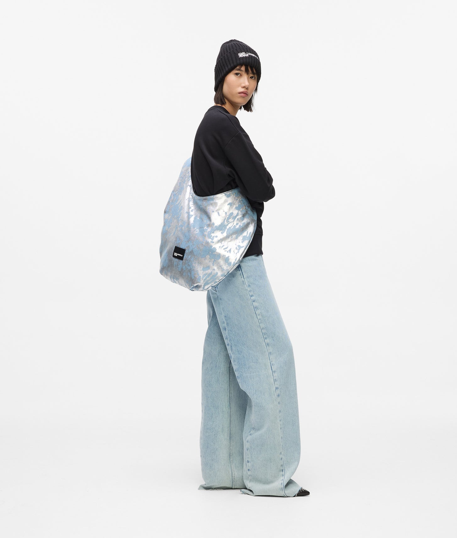 KarlLagerfeld Large High-Shine Denim Hobo Bag Silver Coated Denim