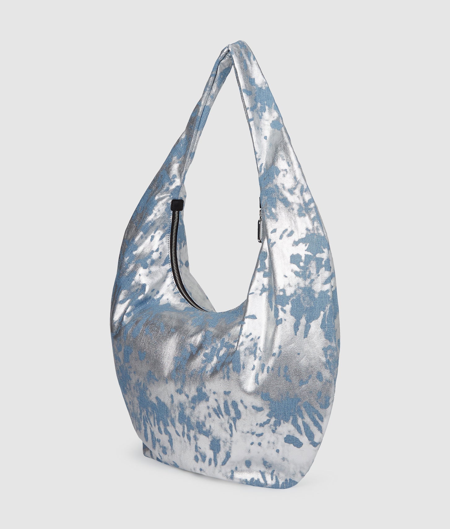 KarlLagerfeld Large High-Shine Denim Hobo Bag Silver Coated Denim