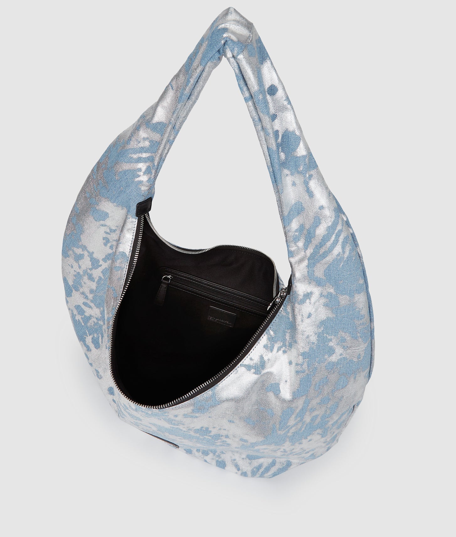 KarlLagerfeld Large High-Shine Denim Hobo Bag Silver Coated Denim