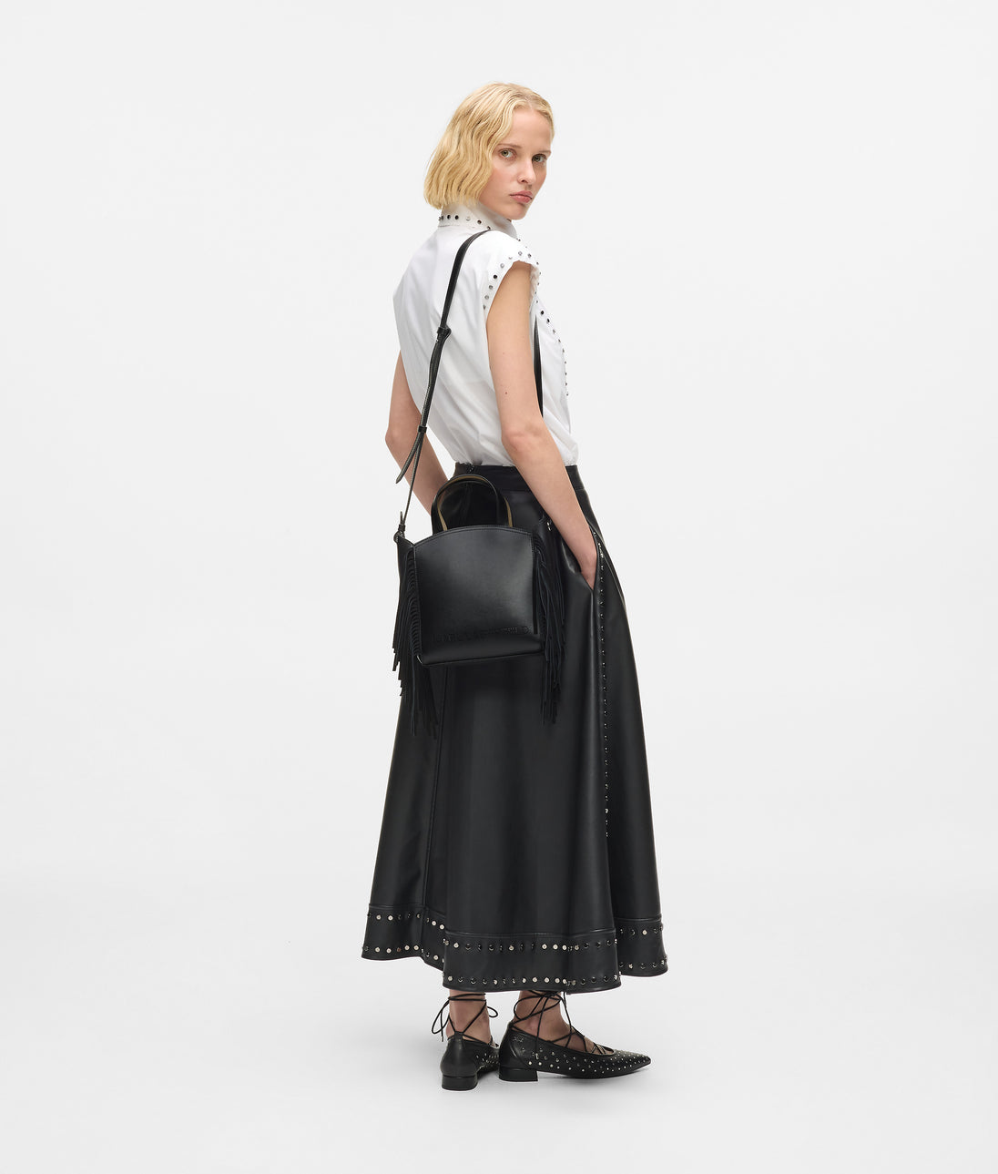 Karl Lagerfeld Studded Faux Leather Skirt Black