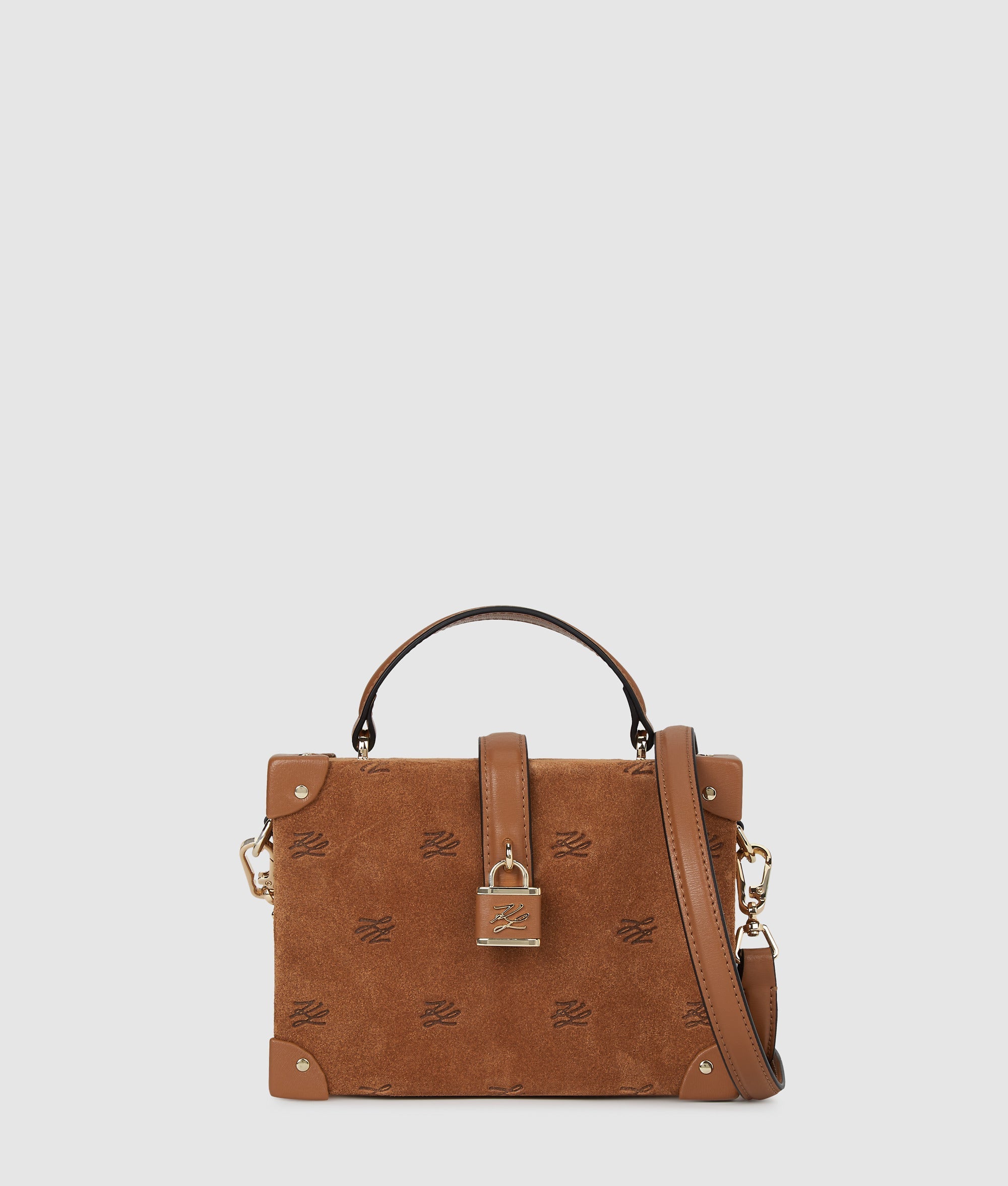 KarlLagerfeld Kautograph Padlock Suede Trunk Bag Dark Tan