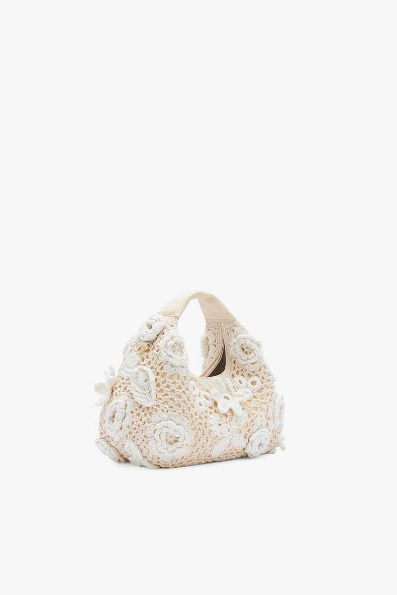 Ganni Egret Mini Hobo Bag In White Crochet