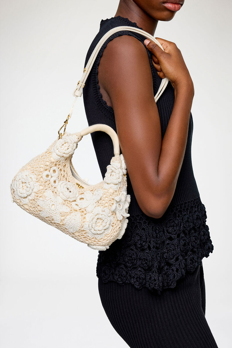 Ganni Egret Mini Hobo Bag In White Crochet