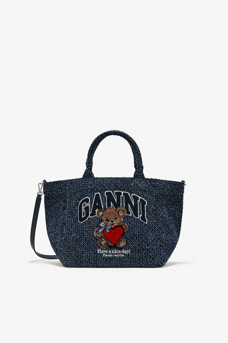 Ganni Rinse Tweed Denim Small Bear Tote