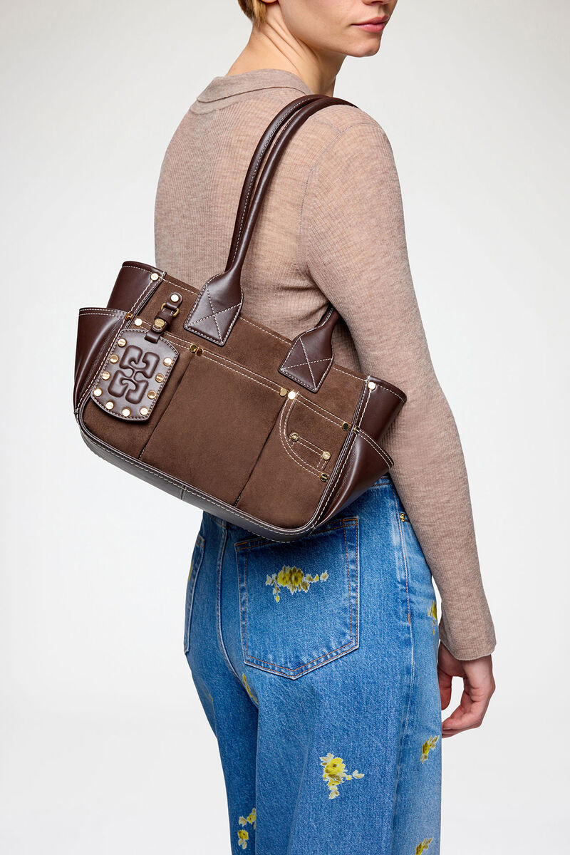 Ganni Chicory Coffee Small Posy Bag In Brown Suede
