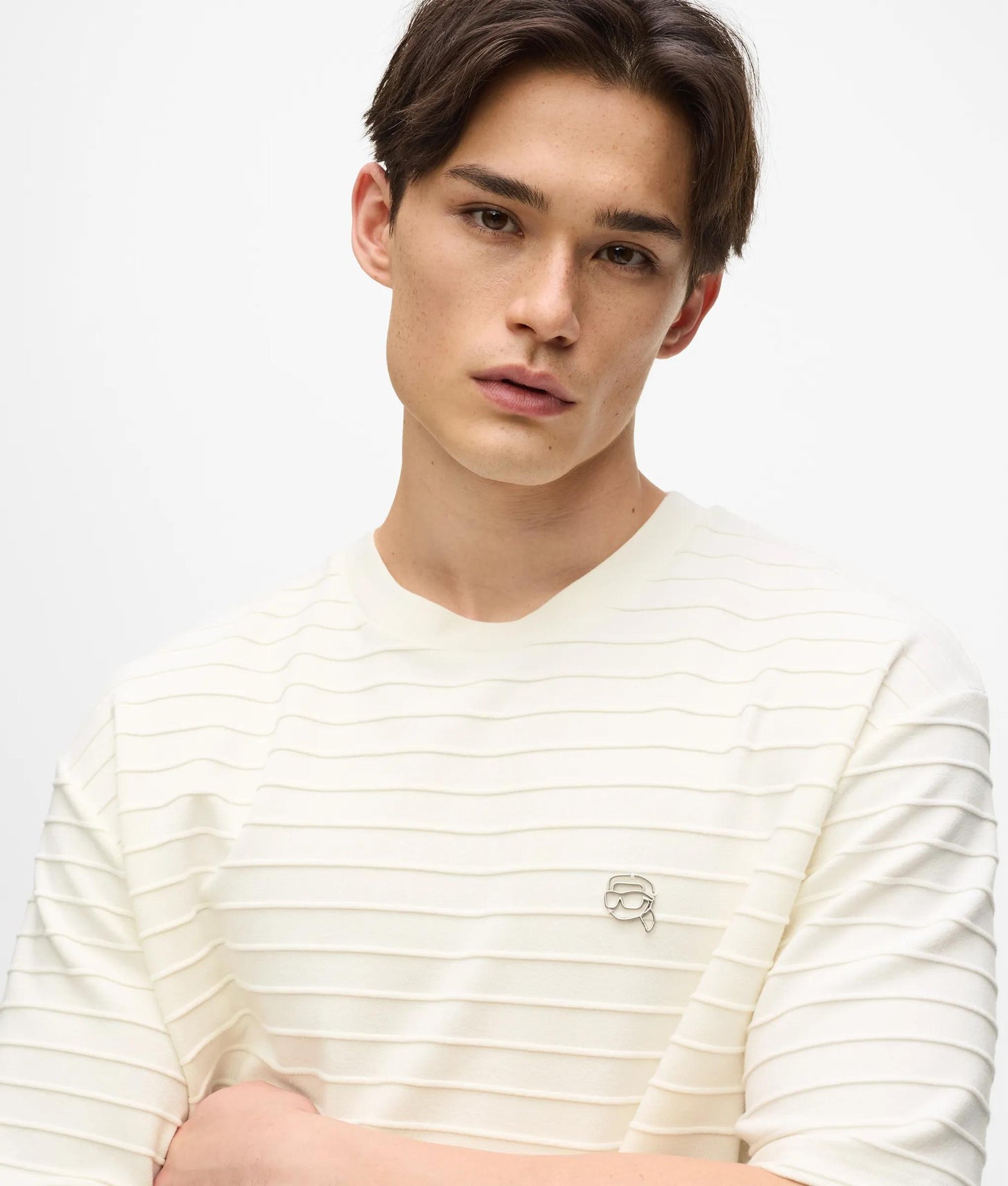 Karl Lagerfeld Ikon Textured Striped T-Shirt Cannoli Cream