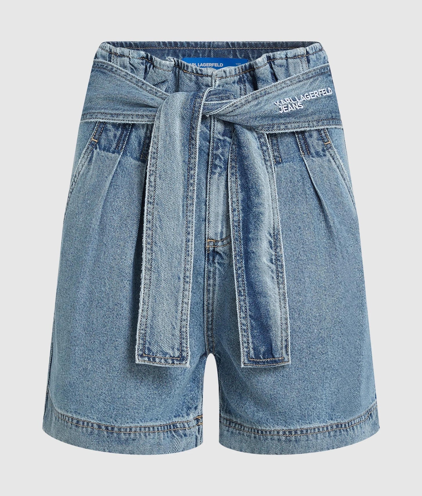 Karl Lagerfeld High-Rise Belted Denim Shorts Washed Mid Blue