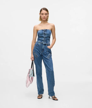 Karl Lagerfeld Lace-Up Denim Bustier Stone Blue