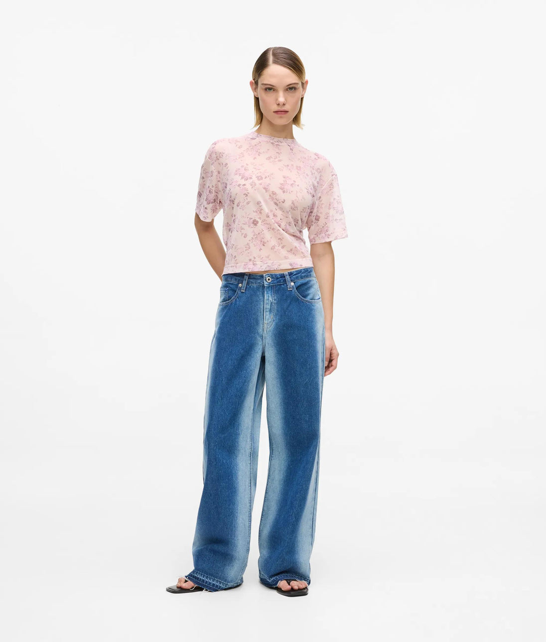 Karl Lagerfeld Short-Sleeved Tie Front Denim Shirt Washed Mid Blue