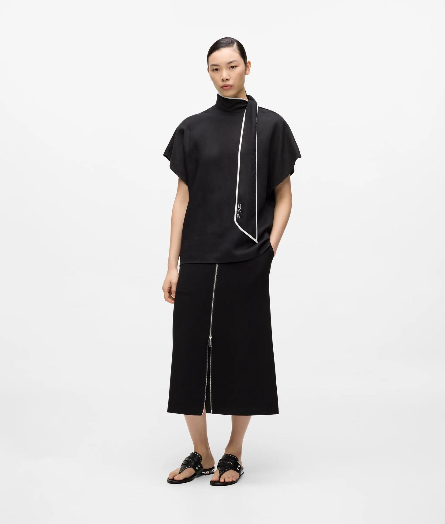 Karl Lagerfeld Linen Blend Pipelined Blouse Black