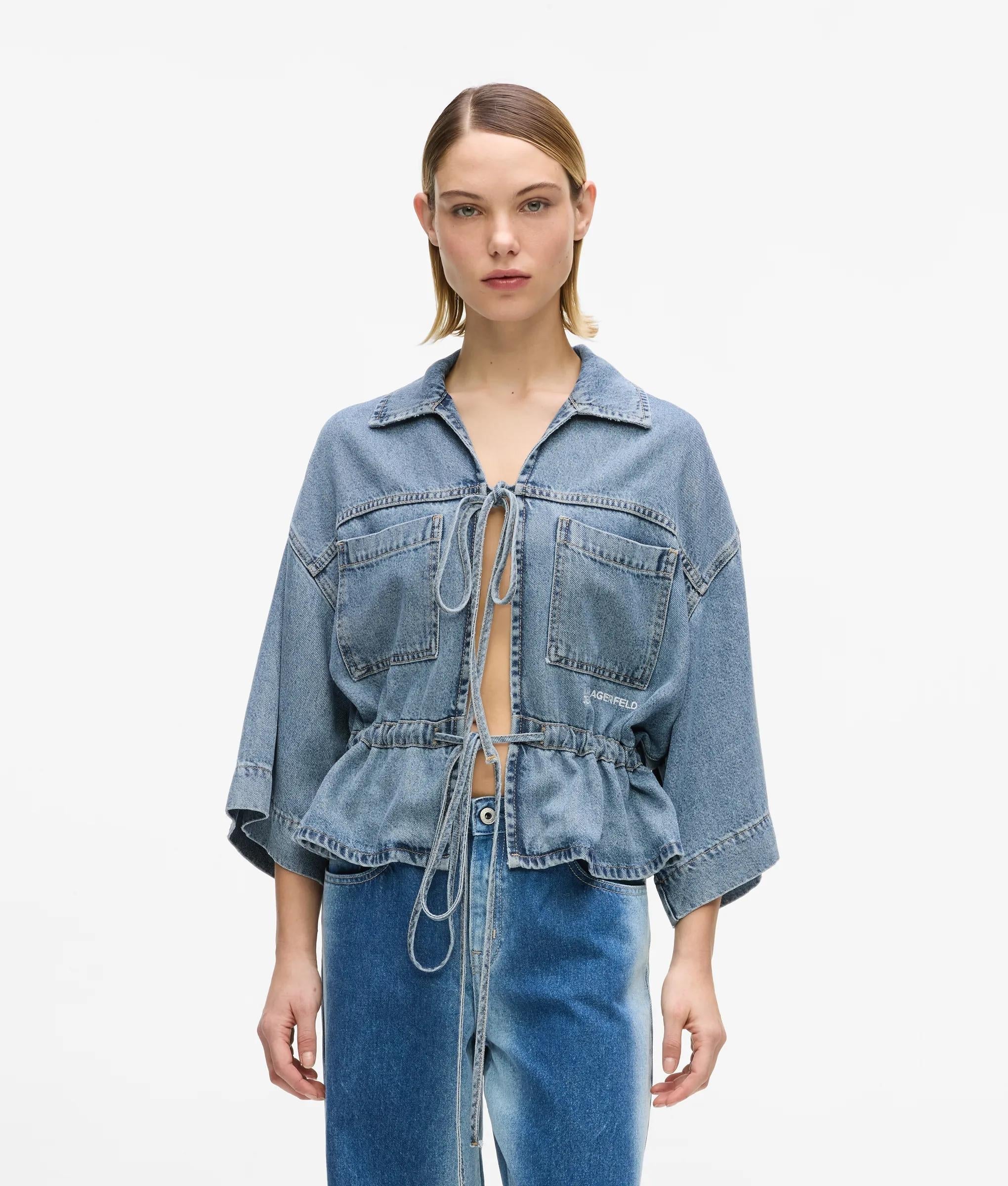 Karl Lagerfeld Short-Sleeved Tie Front Denim Shirt Washed Mid Blue
