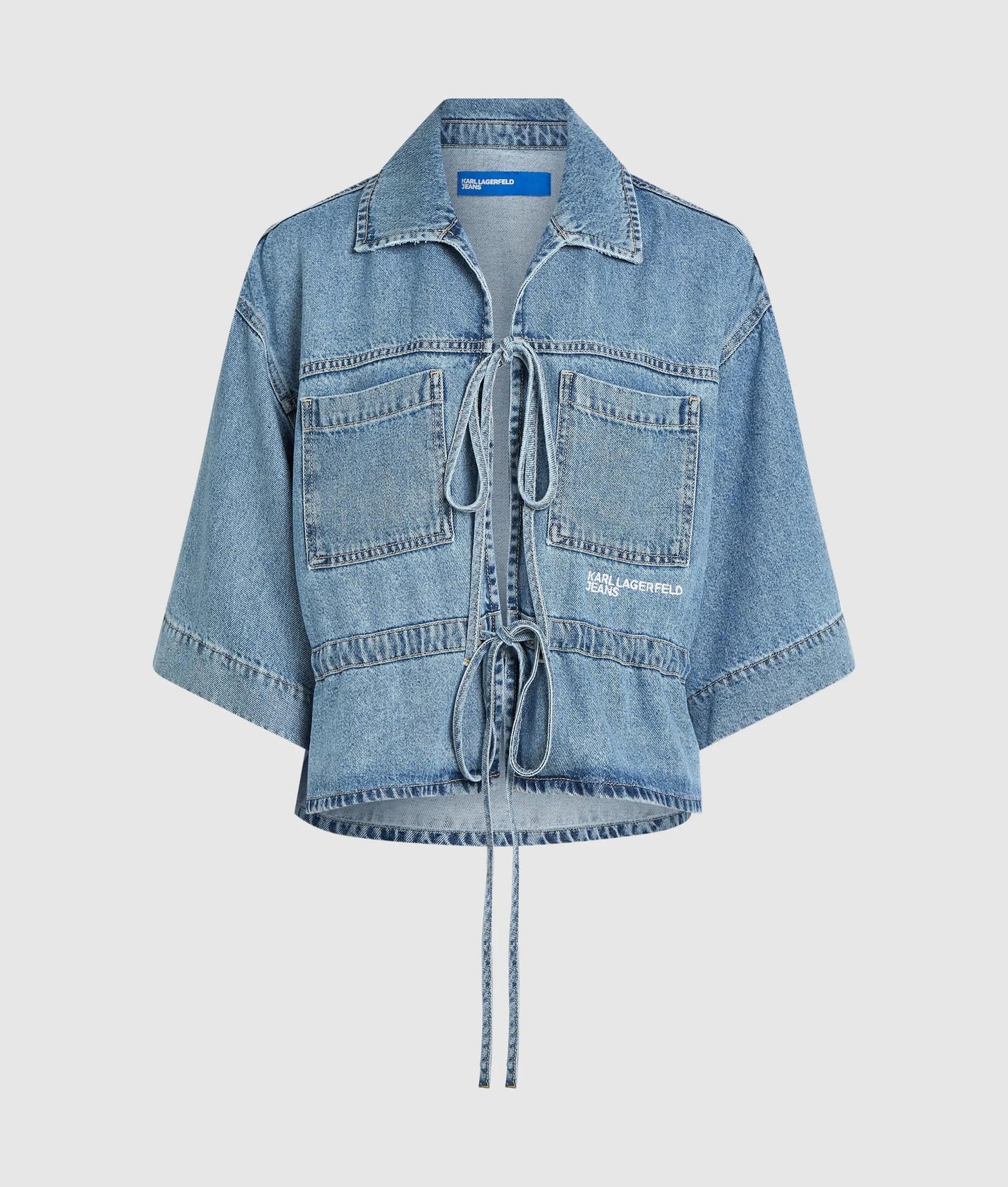 Karl Lagerfeld Short-Sleeved Tie Front Denim Shirt Washed Mid Blue