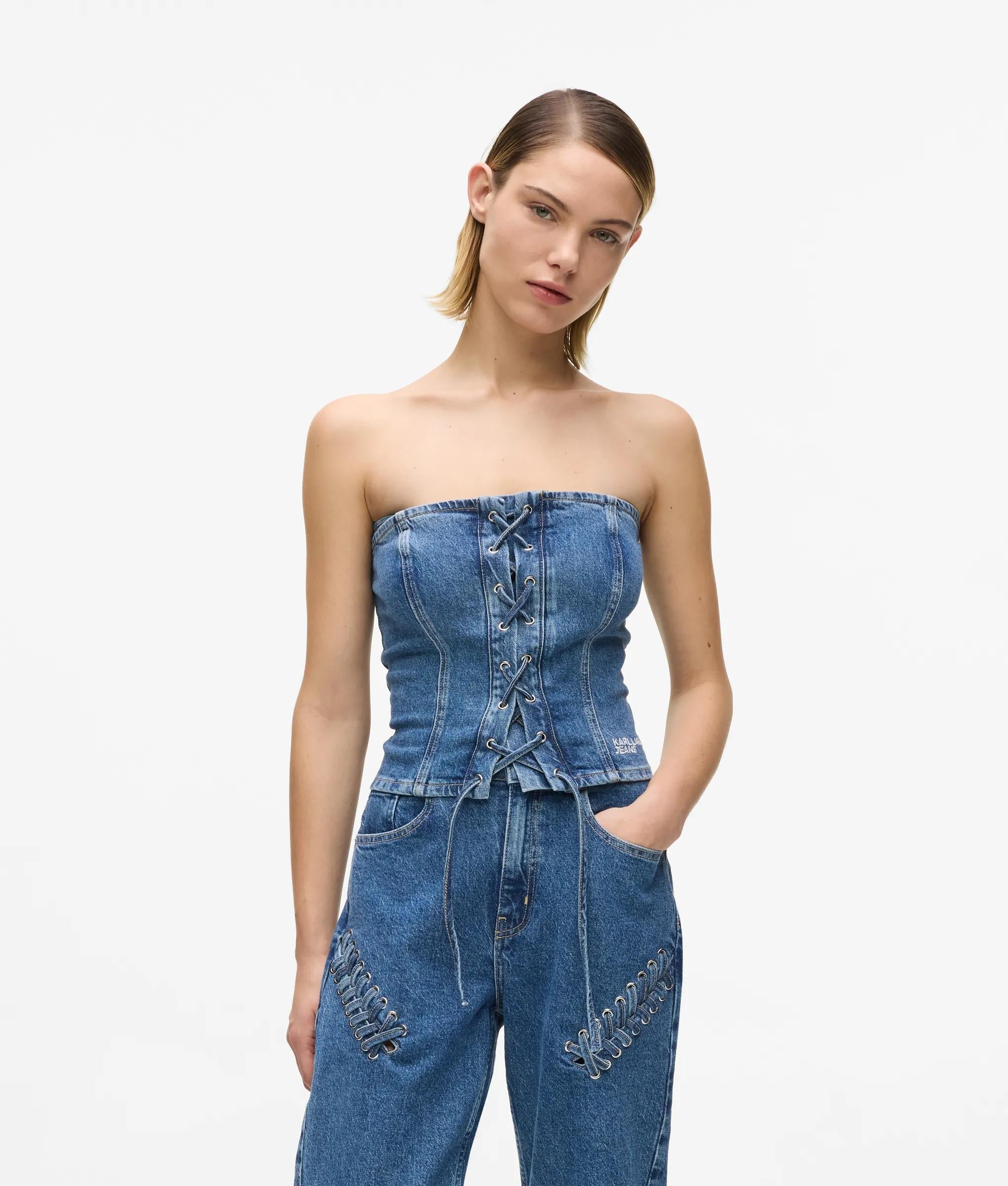 Karl Lagerfeld Lace-Up Denim Bustier Stone Blue