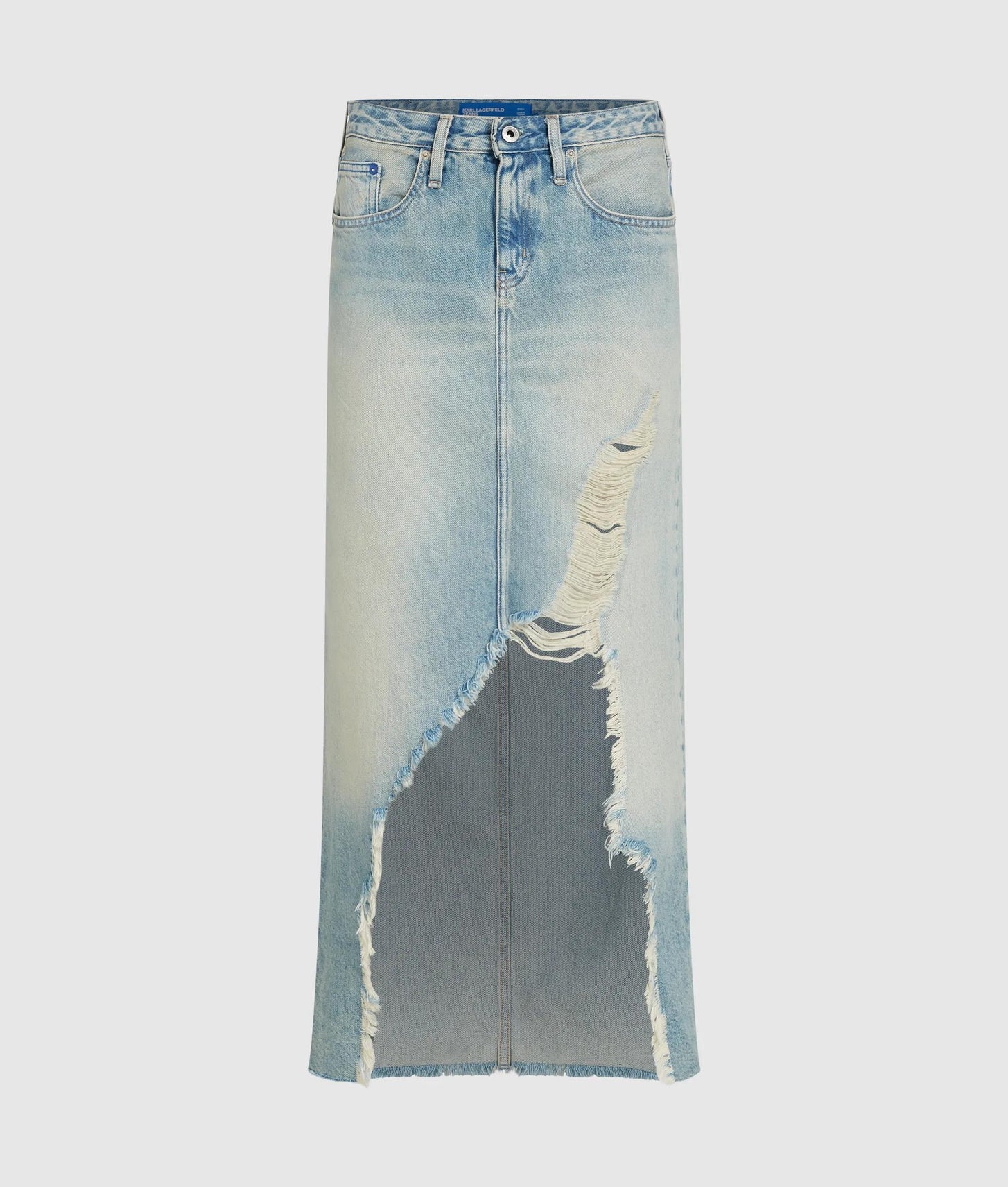 Karl Lagerfeld Distressed Denim Maxi Skirt Tinted Washed Blue
