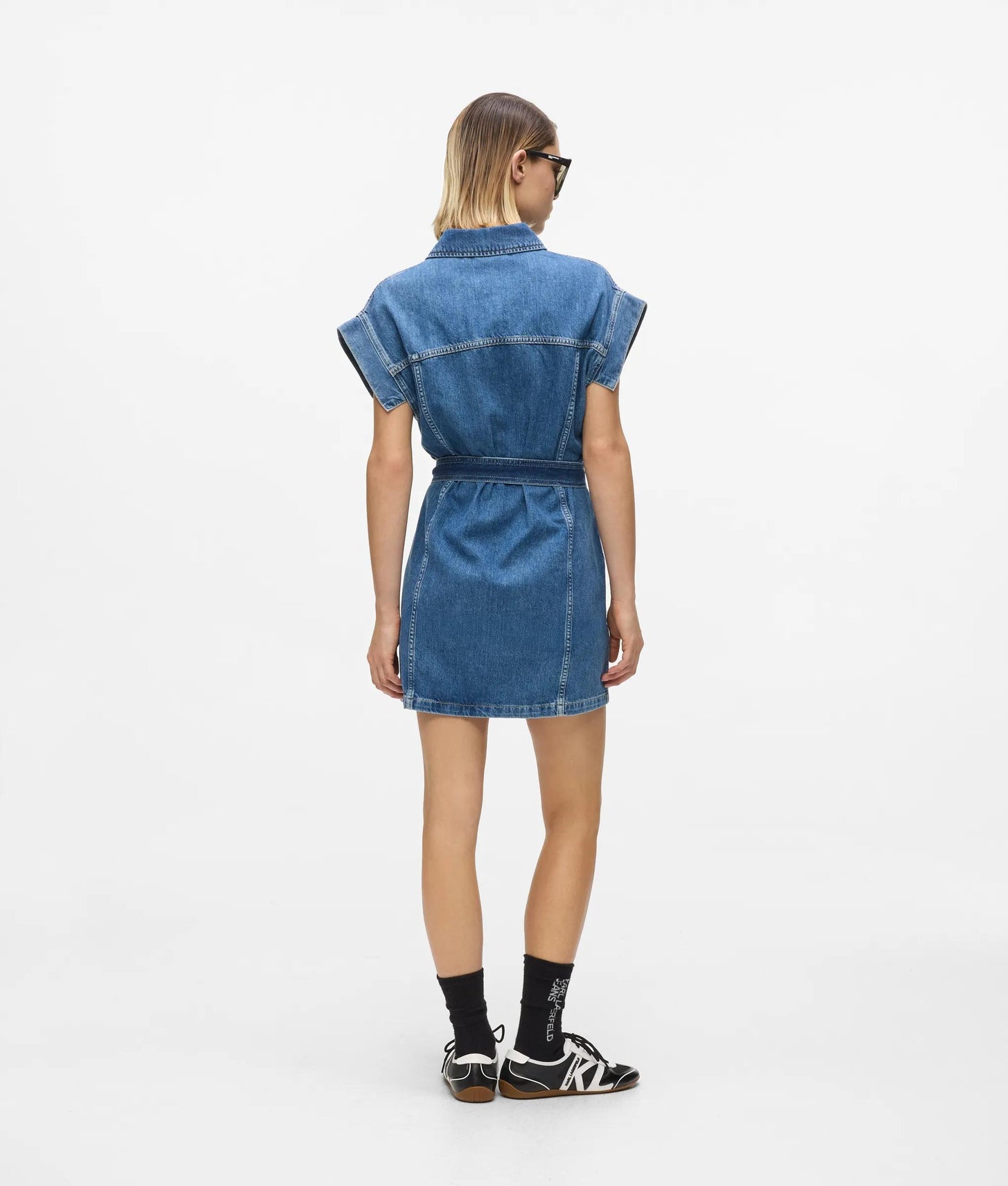 Karl Lagerfeld Short-Sleeved Belted Denim Dress Mid Blue Stone