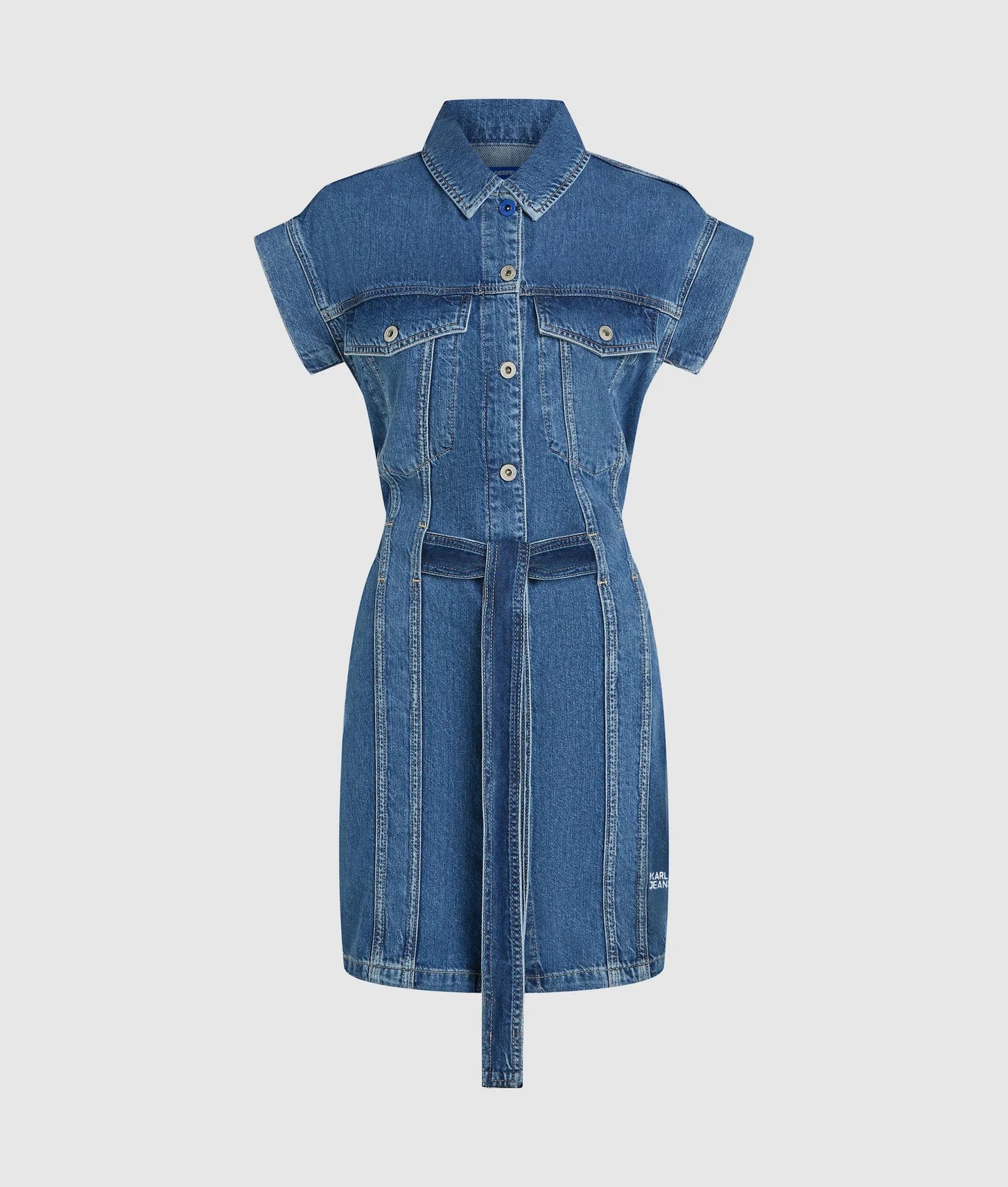 Karl Lagerfeld Short-Sleeved Belted Denim Dress Mid Blue Stone