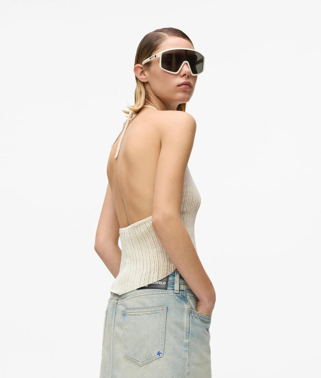 Karl Lagerfeld Distressed Denim Maxi Skirt Tinted Washed Blue