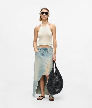 Karl Lagerfeld Distressed Denim Maxi Skirt Tinted Washed Blue