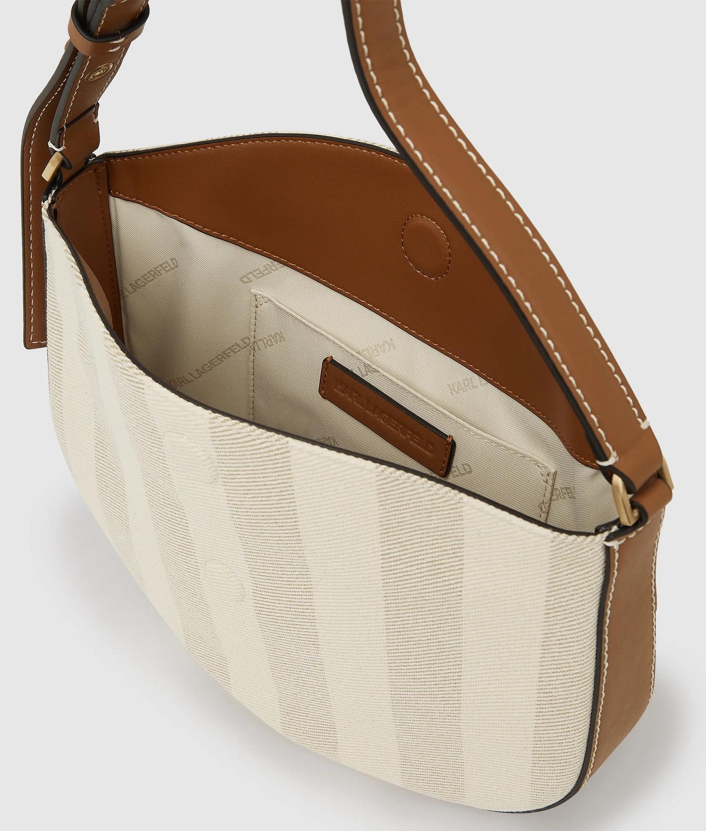 KarlLagerfeld Ksignature Striped Shoulder Bag Natural Canvas Tan