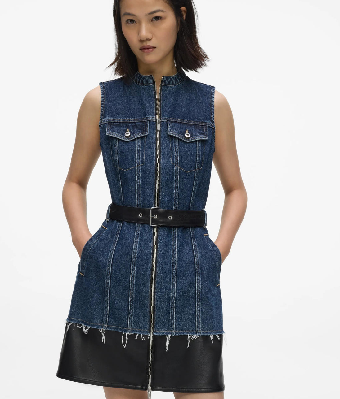 KarlLagerfeld Rebel Denim And Faux-Leather Bucket Bag Washed Dark Blue-Black