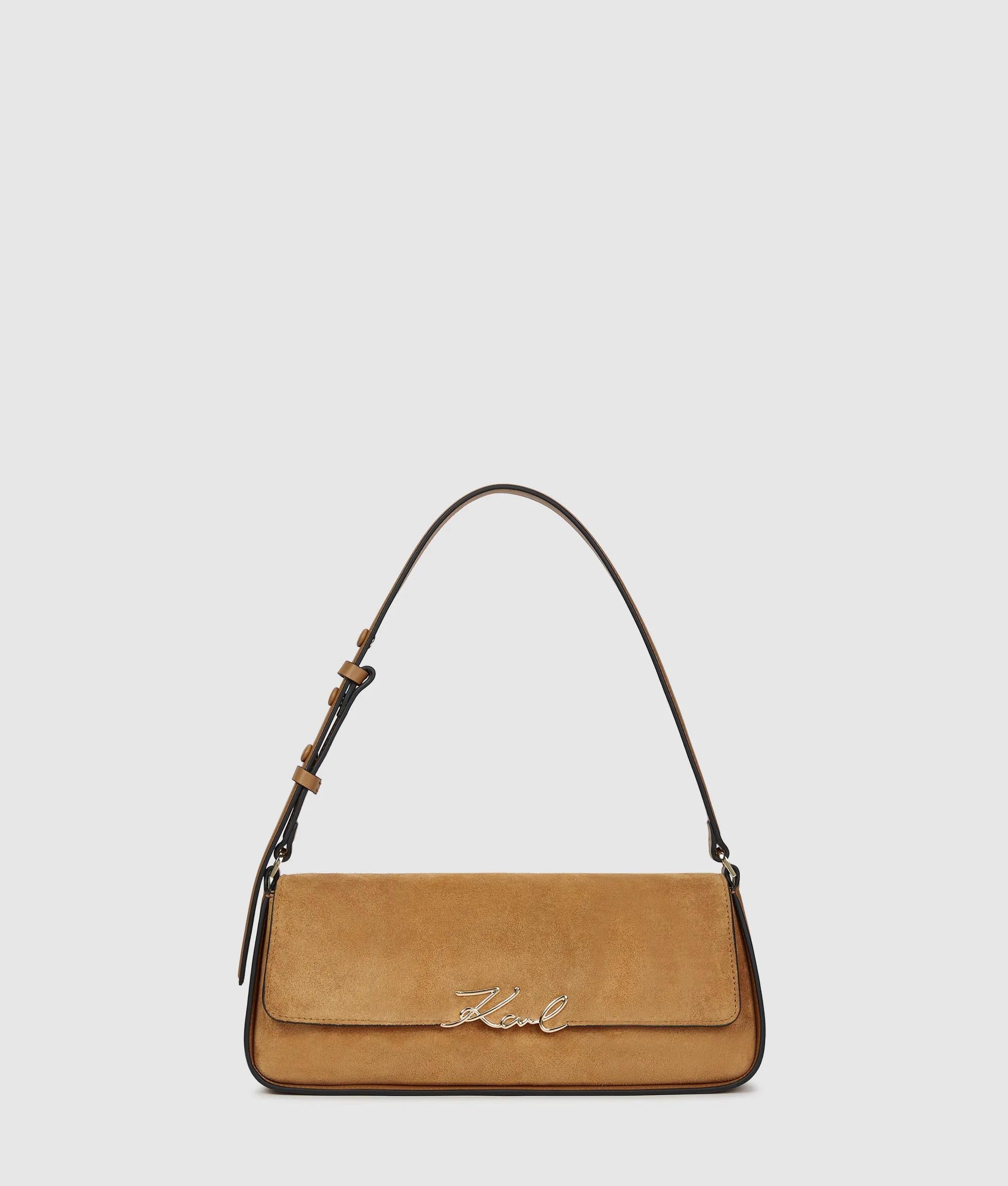 KarlLagerfeld Ksignature Suede Shoulder Bag Caramel