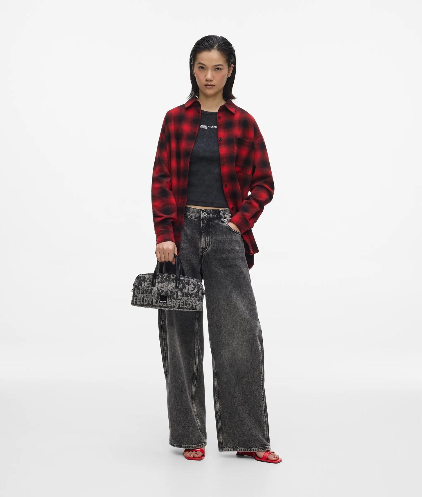 KarlLagerfeld Denim Graphic Print Bowling Bag All Over Print Textured Logo Denim