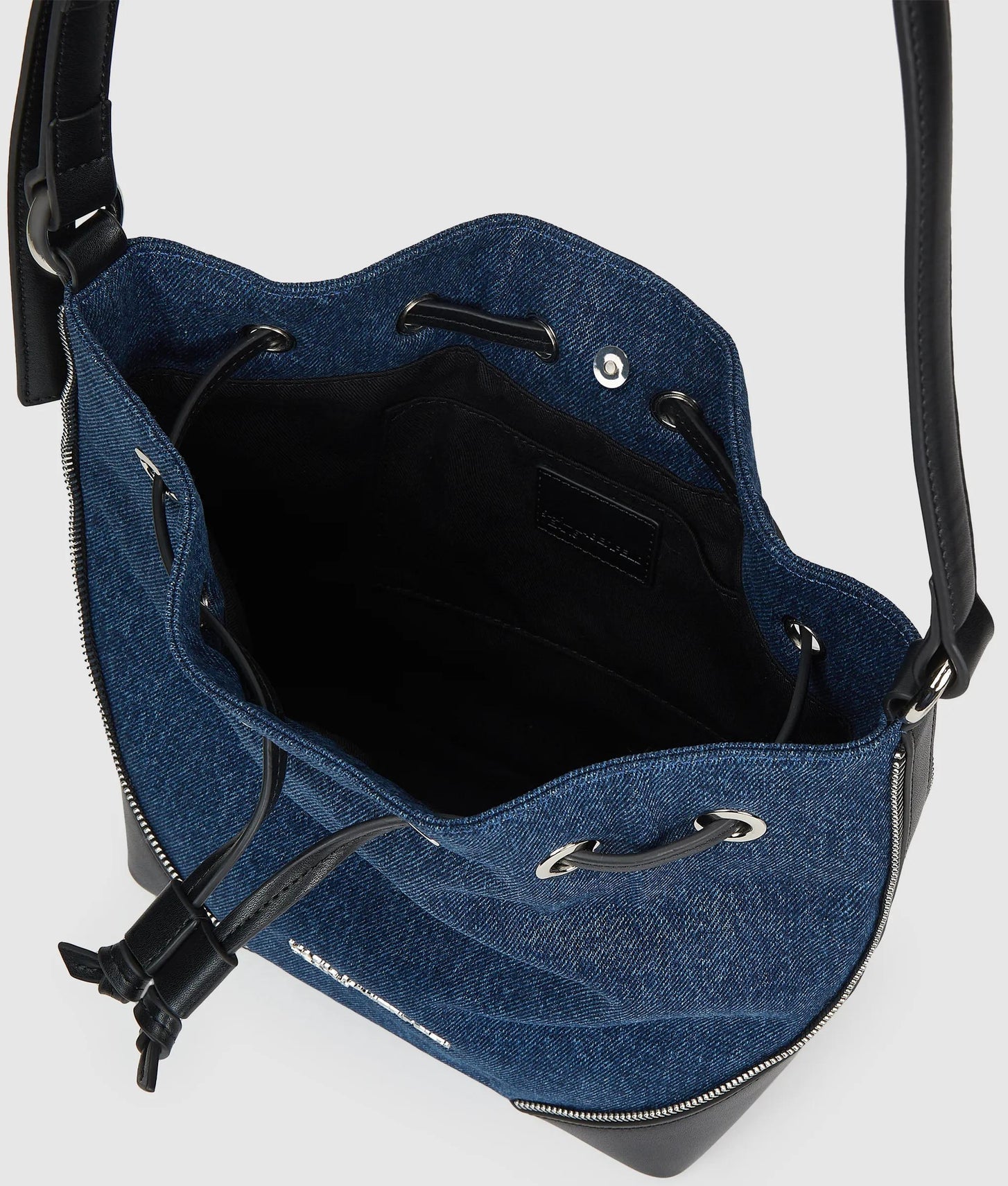 KarlLagerfeld Rebel Denim And Faux-Leather Bucket Bag Washed Dark Blue-Black