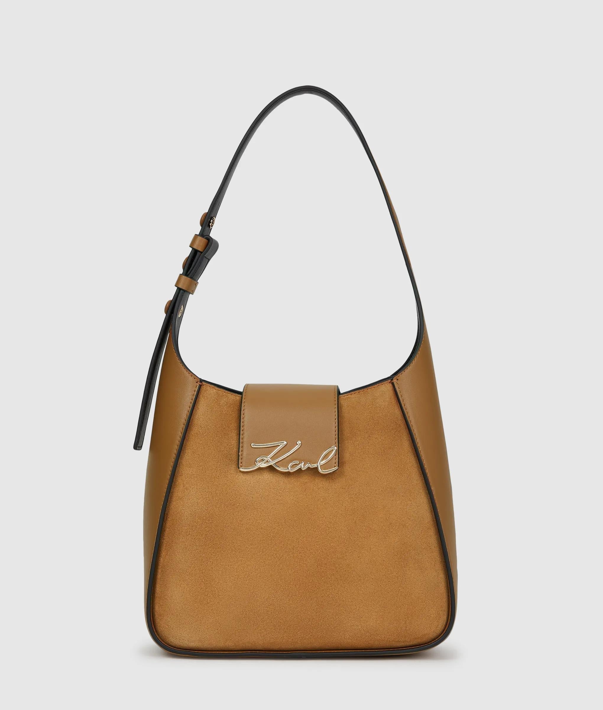 KarlLagerfeld Ksignature Suede Hobo Bag Caramel