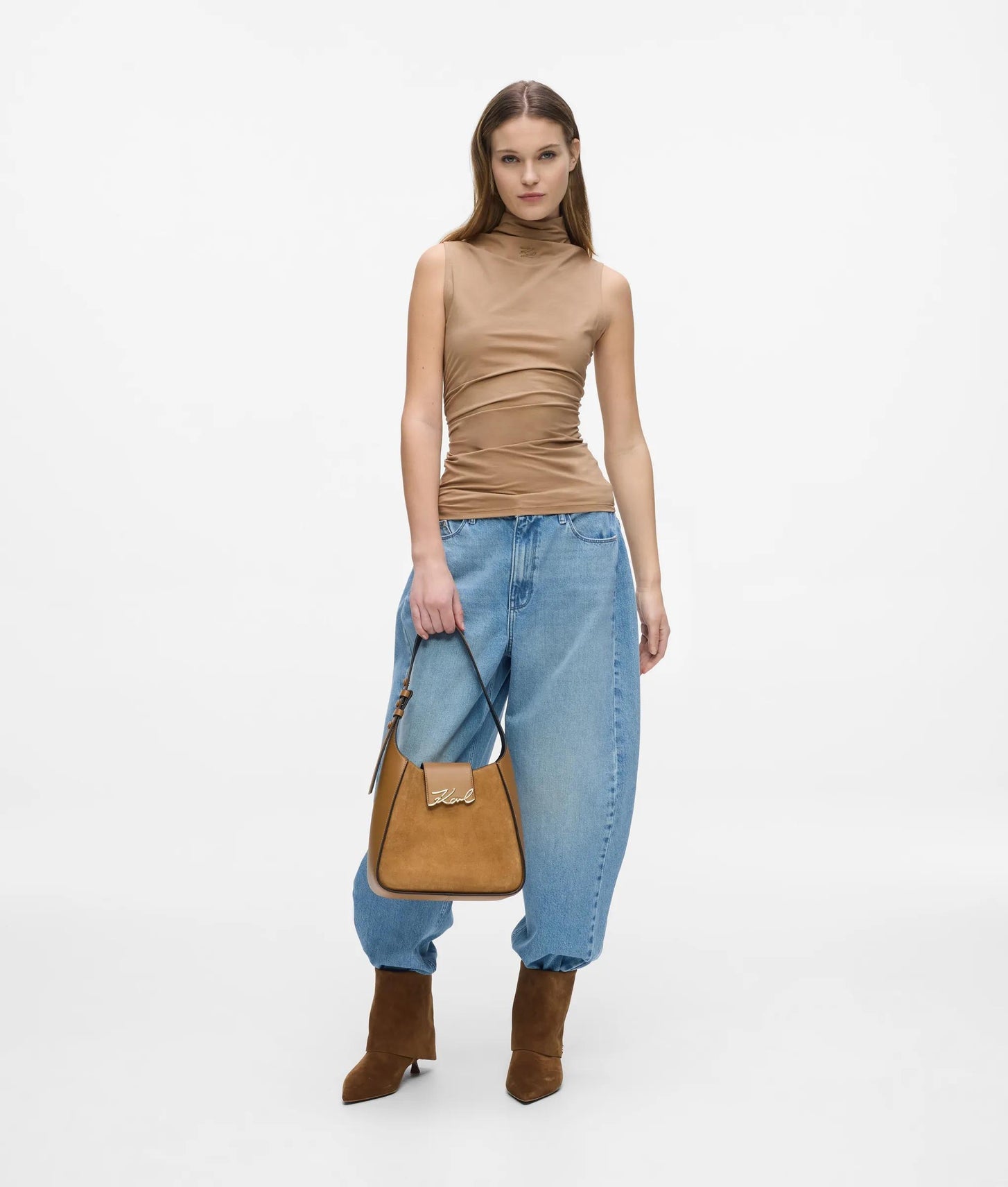 KarlLagerfeld Ksignature Suede Hobo Bag Caramel