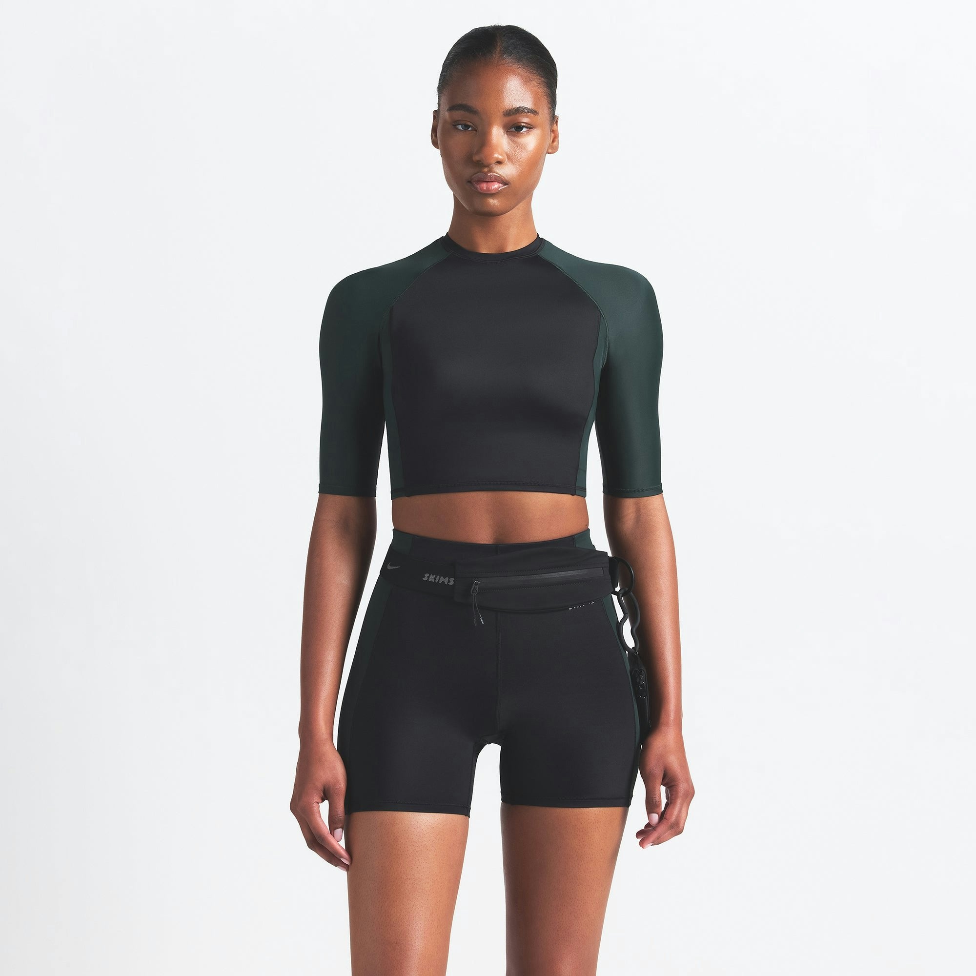 Skims Nikeskims Shine Padded Half Sleeve Crop Top Obsidian And Dark Teal