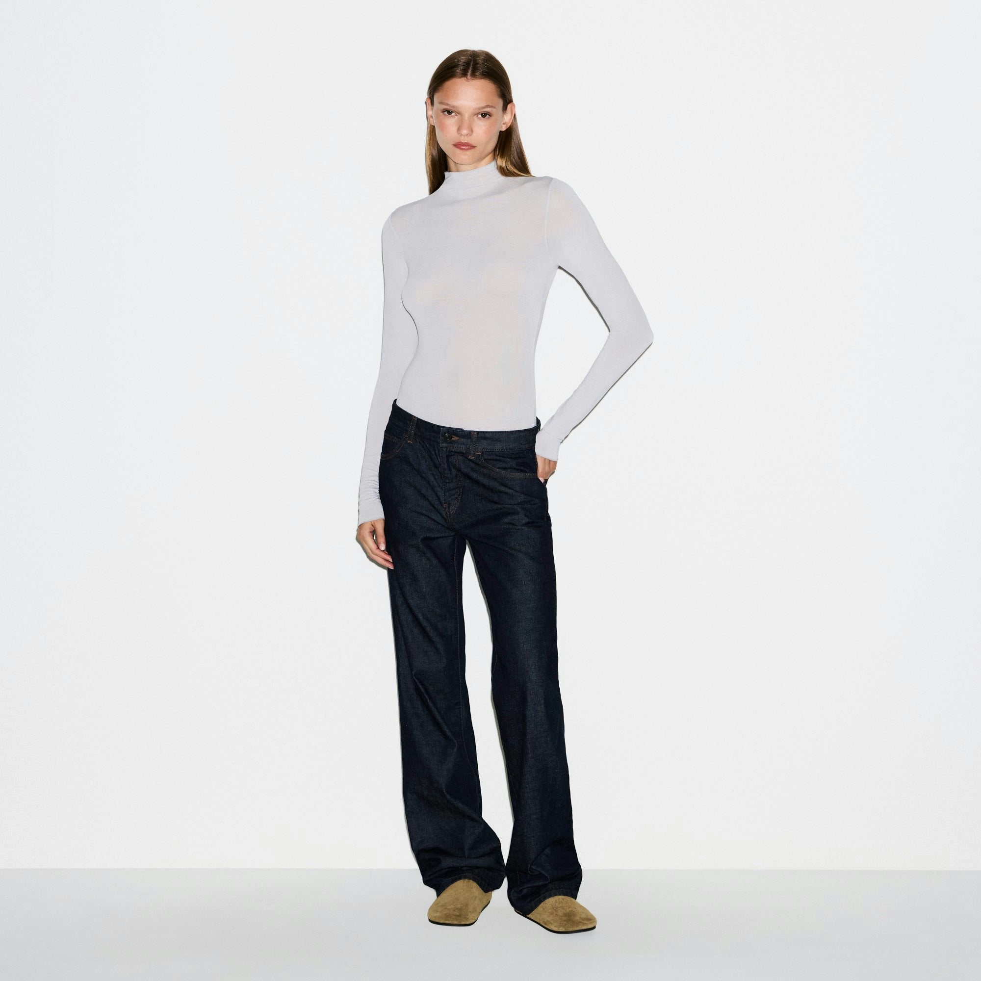 Skims Sheer Modal Long Sleeve Turtleneck Bodysuit Mist