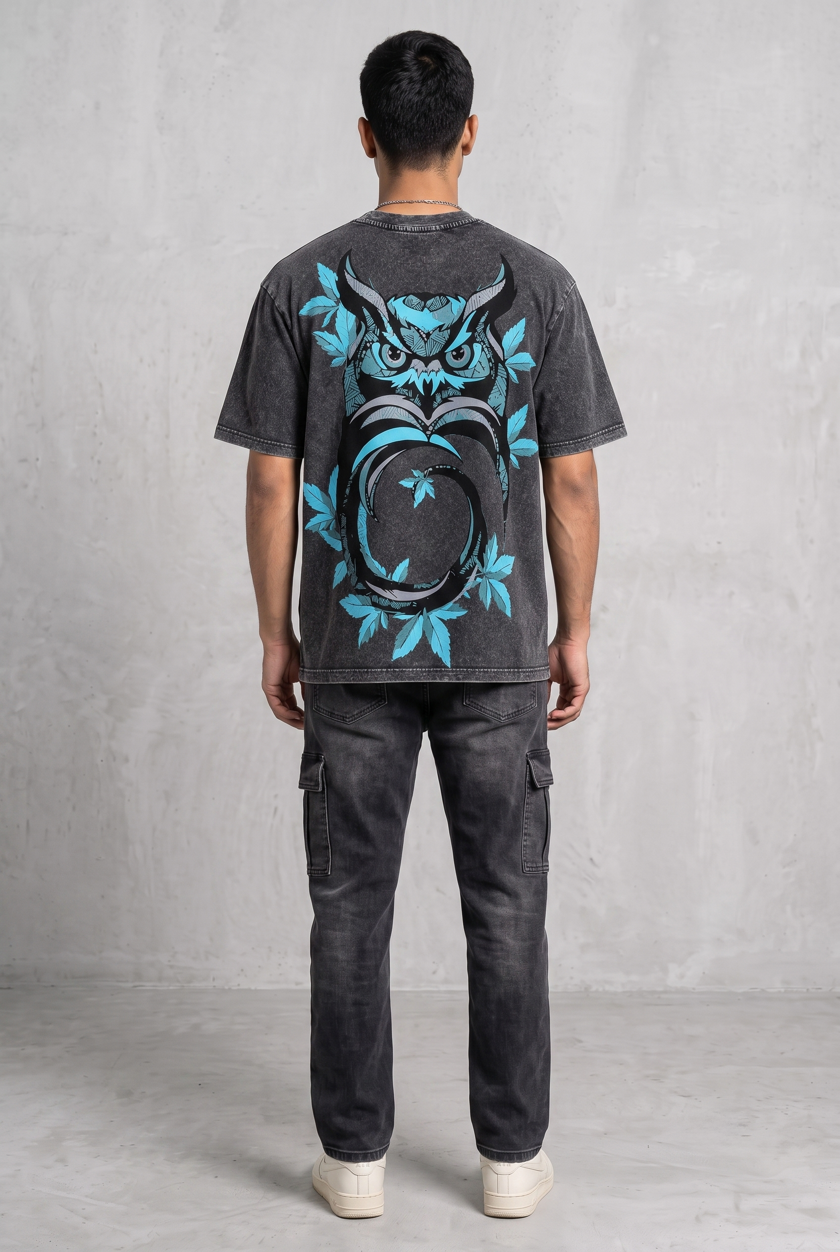 OWL VISION DARK GREY ACIDWASH MEN’S OVERSIZED T-SHIRT