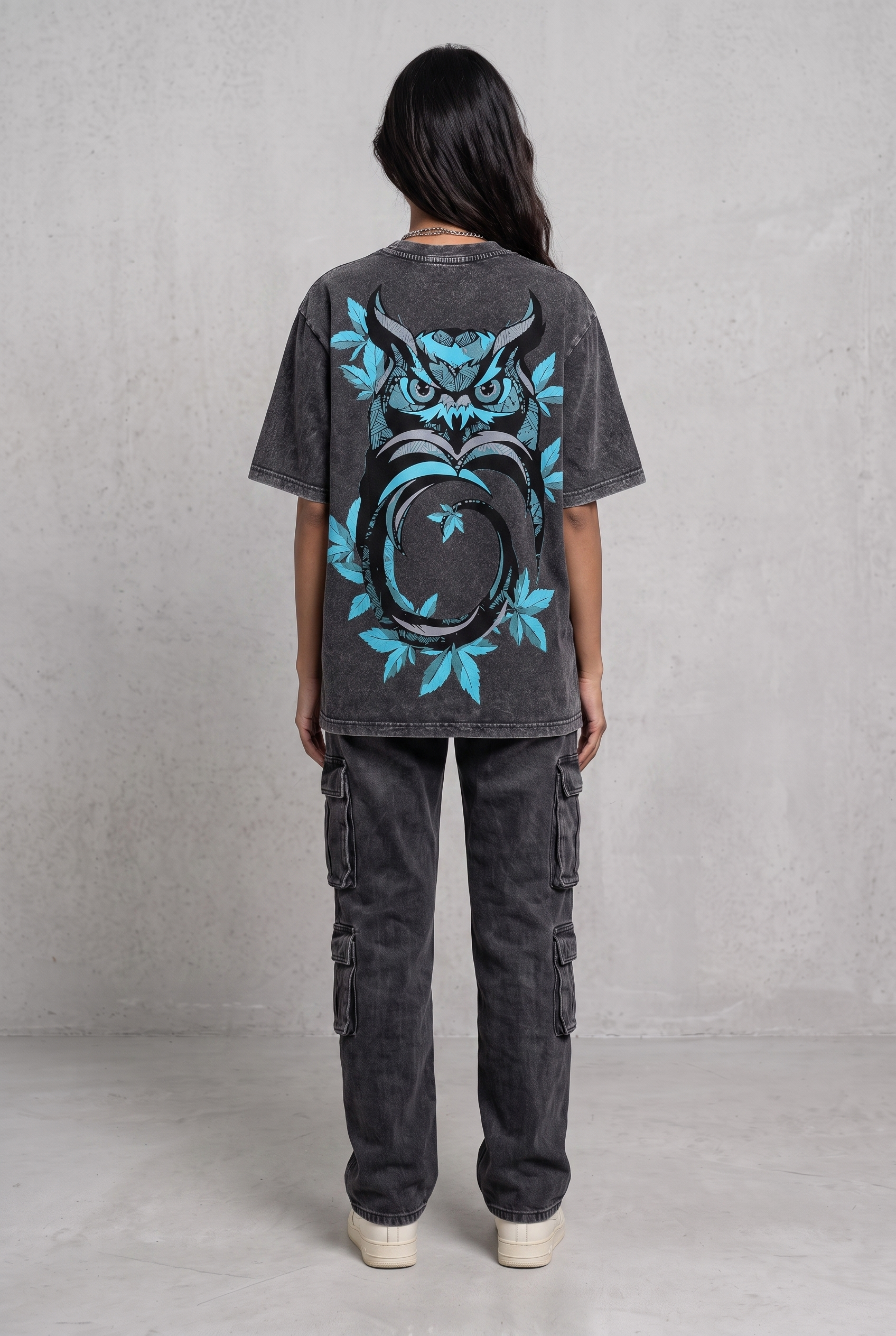 OWL VISION DARK GREY ACIDWASH WOMEN’S OVERSIZED T-SHIRT