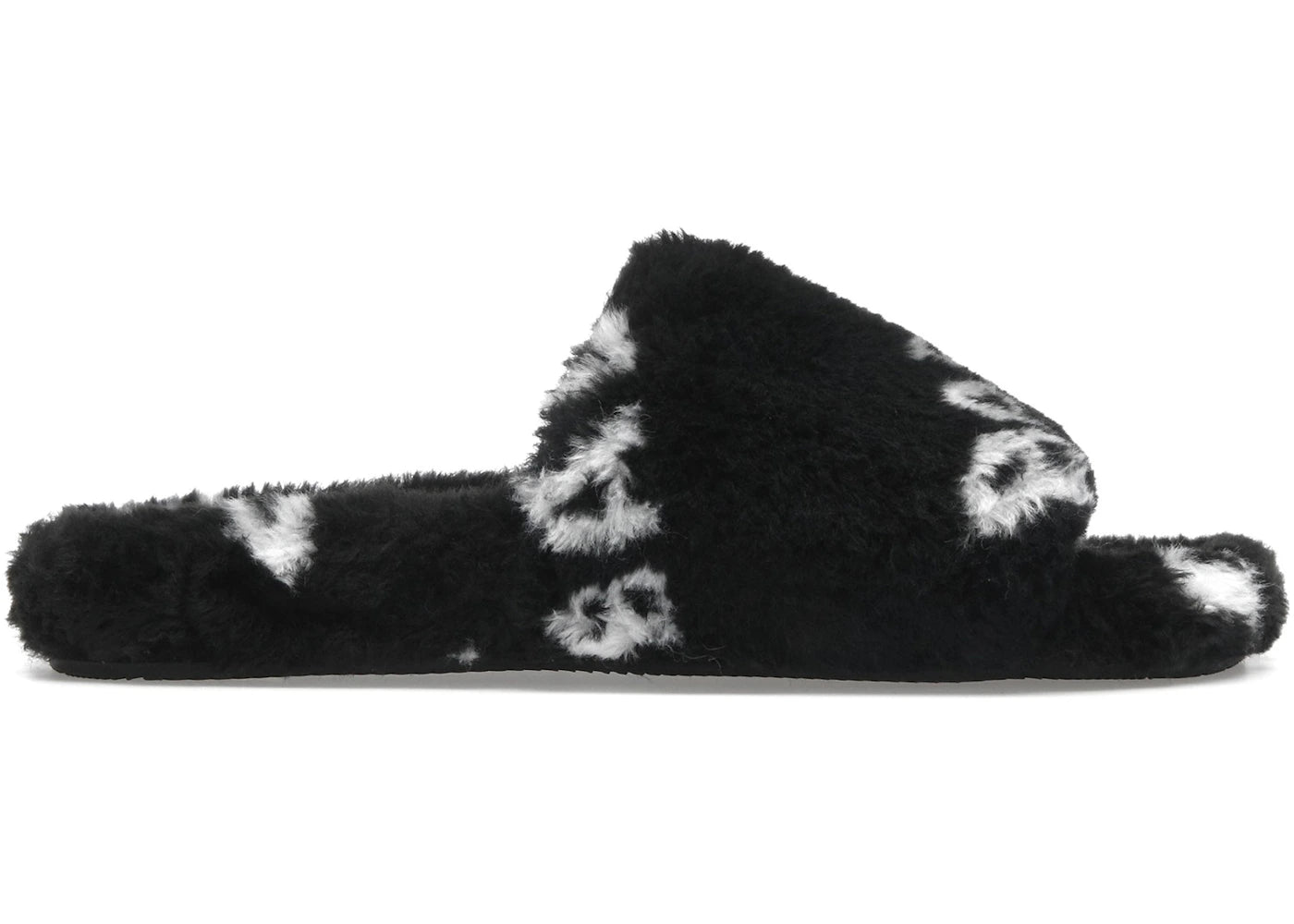 balenciaga furry slide fake fur logo allover black white