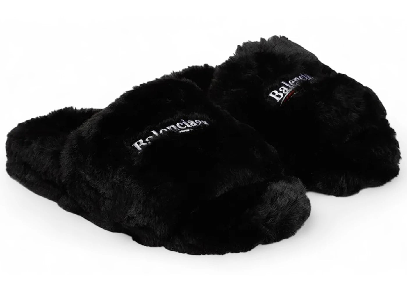 balenciaga furry slide shiny fake fur political emb black